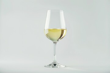A glass of white wine sits on a table