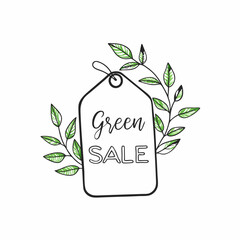 Eco-friendly tag featuring "Green Sale" text surrounded by green leaves in a minimalist illustration
