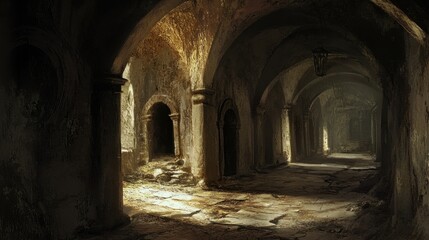 Fototapeta premium A Dark and Mysterious Arched Hallway with Stone Floors and Pillars