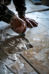 A person using a knife to cut a ceramic tile, a DIY project in progress