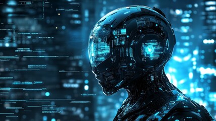 Blue cyberpunk art with robotic elements, high-tech and edgy,