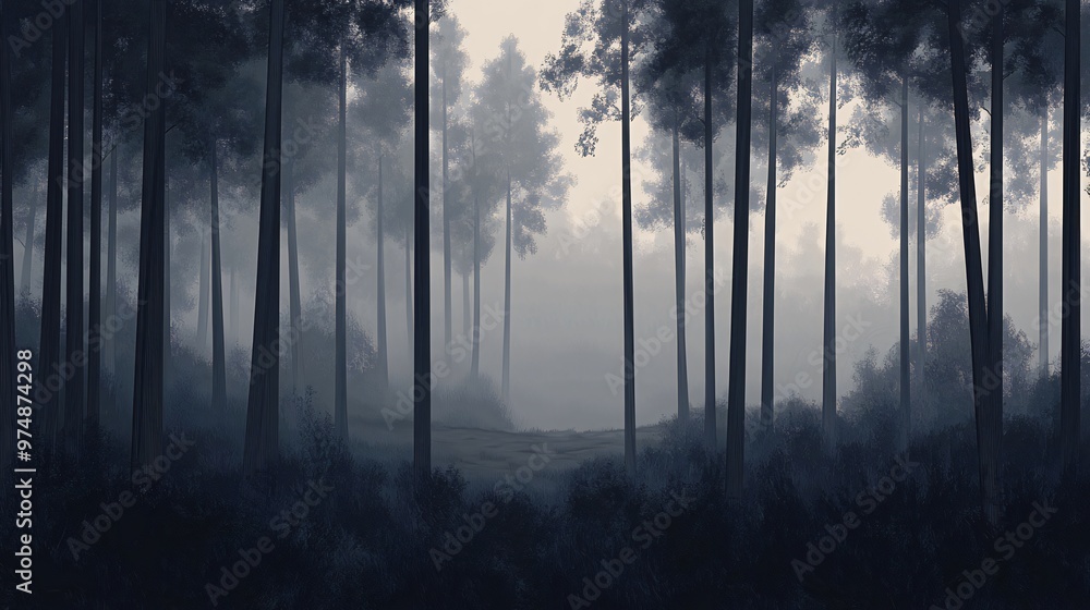 Poster A misty forest scene with tall trees and a path leading into the distance.