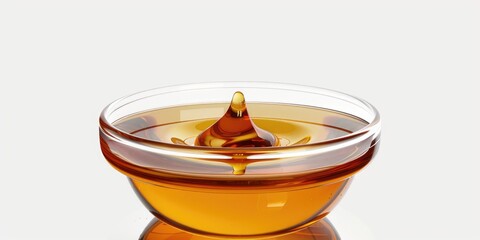 A spoonful of golden honey in a ceramic bowl with a single drop on the edge