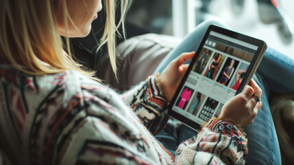 a young woman using a tablet to shop online on a fashion website, holding the digital device in her hands while sitting at home with a blurred background