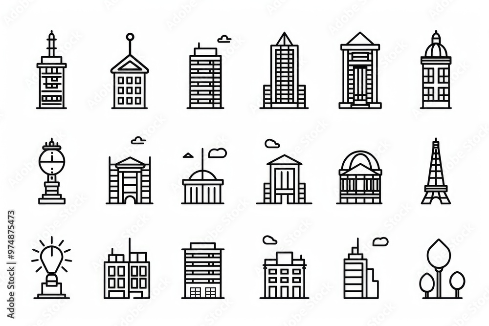 Poster set of building icons representing different architectural styles, useful for presentations and desi