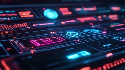 Obraz premium Holographic social media strategy, neon interface, futuristic tech hub