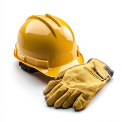 Industrial safety helmet and gloves isolated on white background