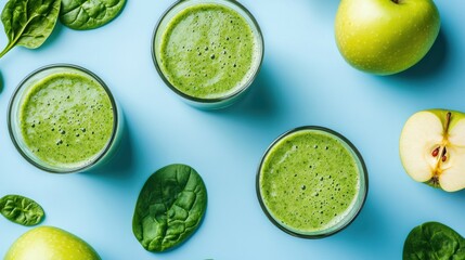 Fresh green smoothies with spinach and apples on a light blue background