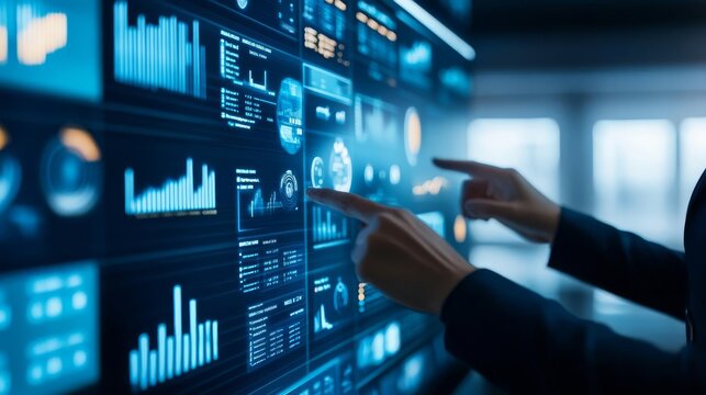 Marketing data analysis, holographic graphs, AI-driven insights, corporate setting