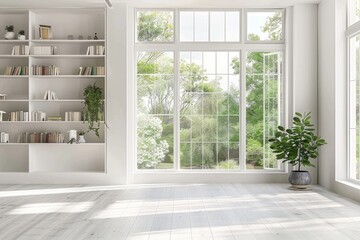 A simple, well-lit room with a large window and a potted plant