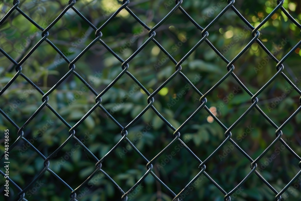 Poster a close-up view of a chain link fence with metal links and rusty details