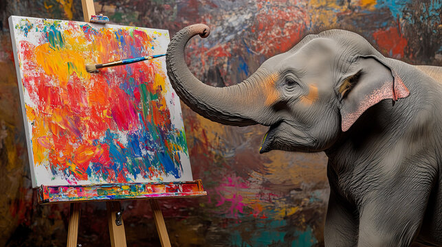 An elephant creating colorful artwork on a canvas in an artistic studio surrounded by vibrant paint splashes