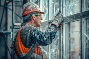 A person wearing a hard hat and safety vest works on a window
