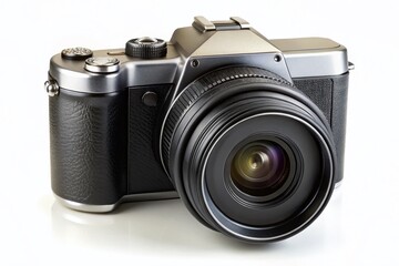 High-angle shot of a sleek black digital camera with a silver lens and a bold, modern logo emblazoned