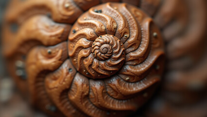 A close-up of a detailed wooden carving showcasing a mesmerizing Fibonacci spiral pattern. The intricate craftsmanship highlights flowing, organic shapes, giving the piece a natural, timeless feel