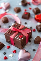 A box of chocolates with a pink ribbon on a table, perfect for a romantic gesture or gift