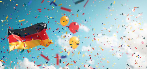 German flag with balloons and confetti celebration against a bright blue sky