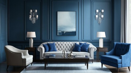 Blue interior design in a living room, sophisticated look,