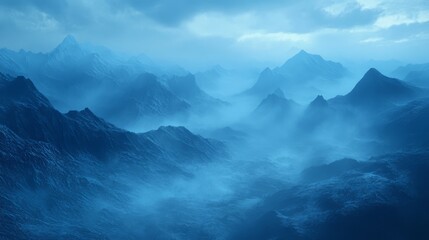 Blue landscape with misty mountains, mysterious atmosphere,