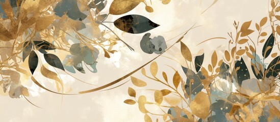 Abstract artistic background with retro golden brushstrokes and textured effects Features modern art elements with floral leaves in green and gray suitable for prints posters or murals