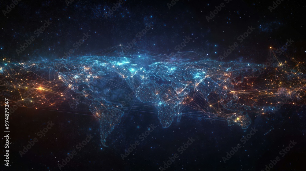 Poster a glowing map of the world with interconnected lines representing global communication networks.