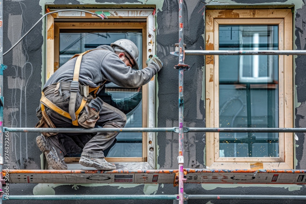 Poster worker on a construction site with scaffolding and tools