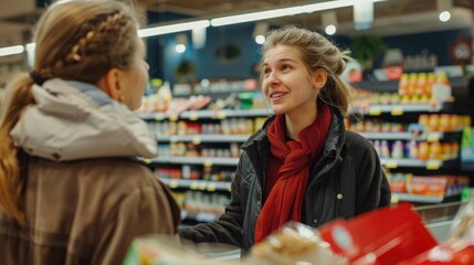 A conversation between two women in a grocery store aisle, discussing their daily lives and household needs