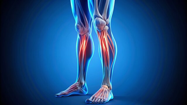 Illuminated 3D model of the human leg's muscular system, with the peroneus tertius muscle highlighted in bright blue,