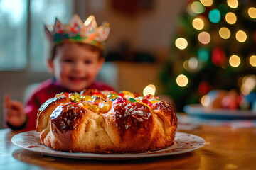Little boy with a crown looking at a king's cake at Christmas time