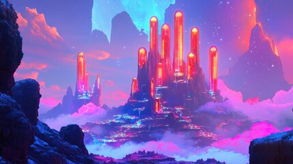 Vivid and colorful surreal alien landscape showcasing an imaginative city design