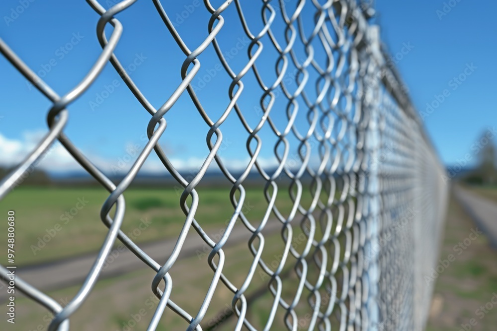 Poster a close-up view of a chain link fence with vertical wires and horizontal crossbars