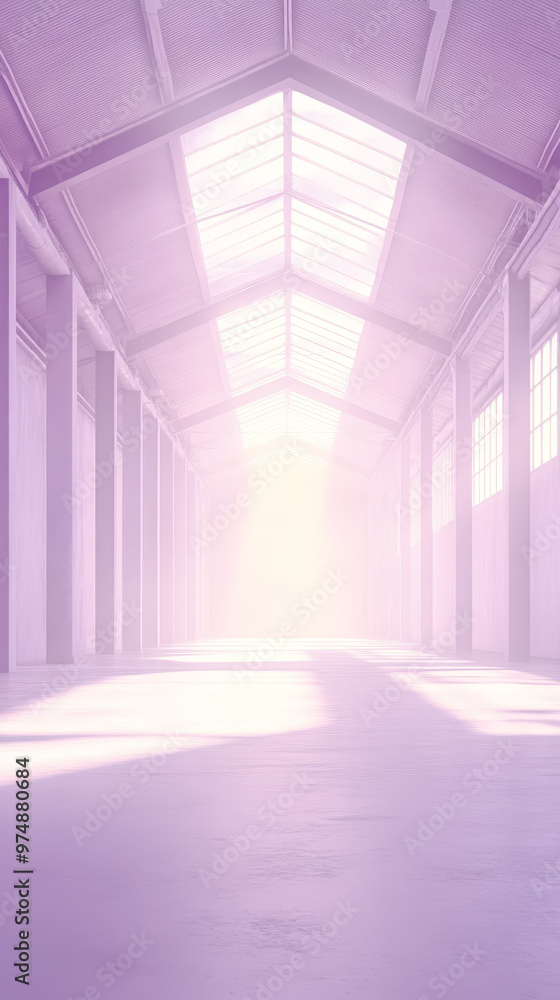 Poster a minimalist pastel lavender warehouse features clean structure with soft light streaming through la
