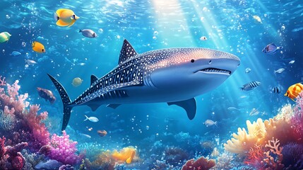 Fototapeta premium A large whale shark swims through a vibrant coral reef with colorful fish.