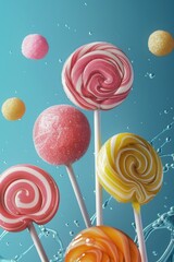 Colorful lollipops suspended in a body of water, ideal for summer or pool-themed illustrations