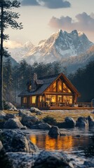 Fototapeta premium Cozy Mountain Cabin Nestled in Serene Winter Landscape with Glowing Sunset Reflection