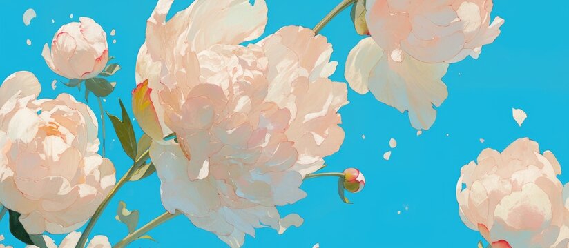 Painting of pink peony flowers on a blue backdrop Ample copy space Floral arrangement suitable for weddings birthdays or anniversaries Macro shot of peony blooms