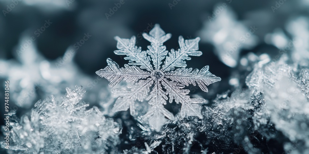 Poster a close-up of a delicate snowflake resting on icy surface, showcasing intricate patterns and shimmer