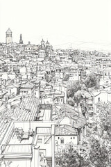 Tbilisi, Georgia, black and white pen pencil hand-drawn effect portrait drawing illustration for travel poster, card, wallpaper, backdrop or banner. Modern, clear, artistic and simple