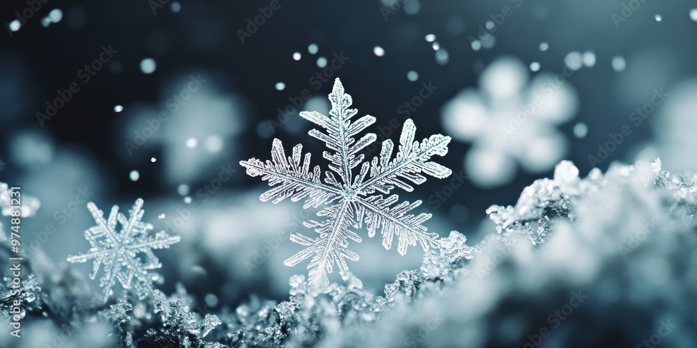 Poster a close-up of a snowflake resting on a snowy surface, showcasing the detailed patterns of winter bea