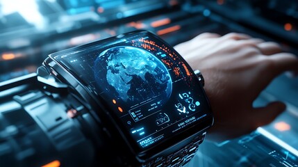 Futuristic smartwatch displaying a holographic world map on the wrist.