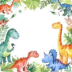Cute cartoon dinosaur frame border on background in watercolor style.