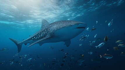 Fototapeta premium A large whale shark swims through a school of fish in the ocean.