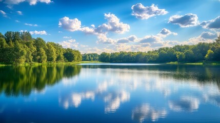 Fototapeta premium Blue sky reflecting on a calm lake, surrounded by trees,