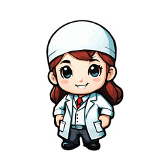 Cute little girl, hero doctor in white uniform, cartoon character isolated on white