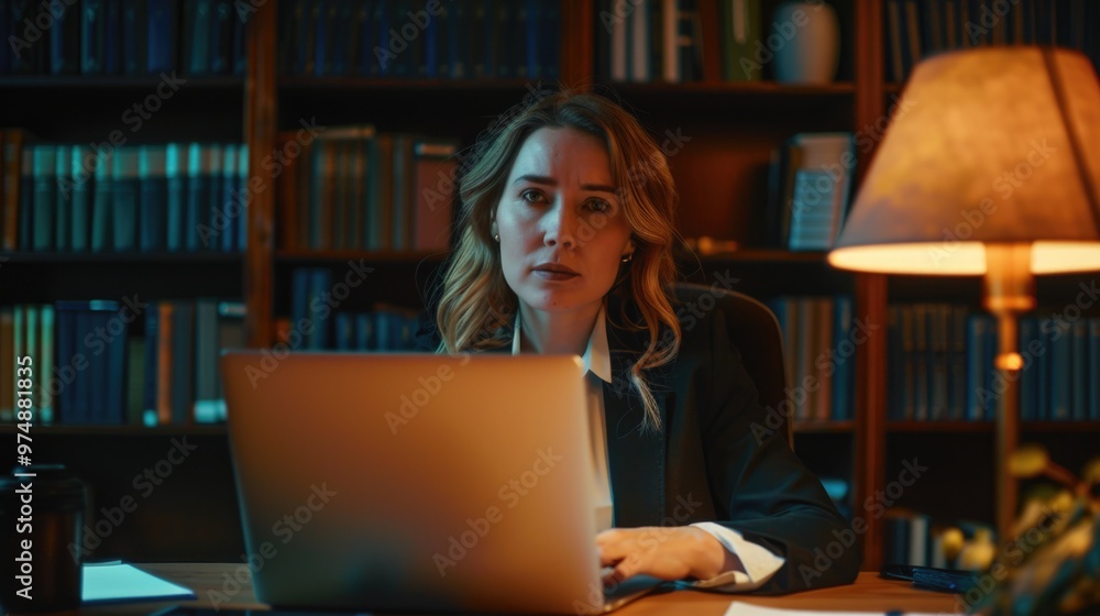 Poster a person using a laptop computer with a calm and focused expression