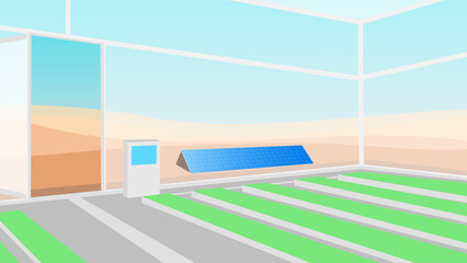Flat design illustration of greenhouse farming with a raised bed system, equipped with a control panel, set against a background of solar panels and desert