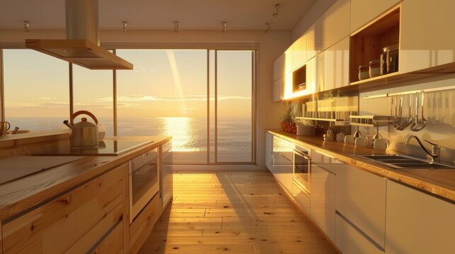 Cozy kitchen with a large window overlooking the ocean