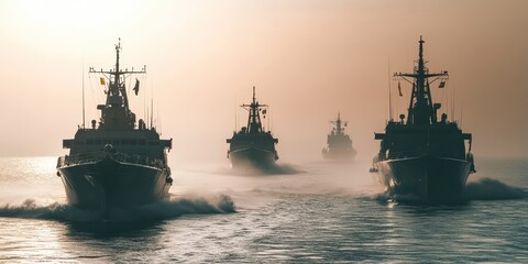 Fototapeta premium A fleet of naval ships navigates through misty waters at sunrise, showcasing strength and unity in maritime operations.
