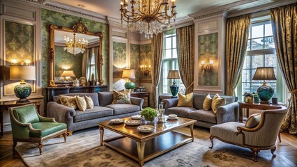Luxurious British interior design studio featuring elegant fabrics, ornate furnishings, and refined lighting,