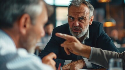 Fototapeta premium Two individuals engaged in conversation at a table